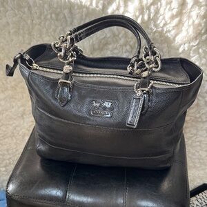 Coach Black Pebbled Leather Shoulder Satchel with Silver Hardware